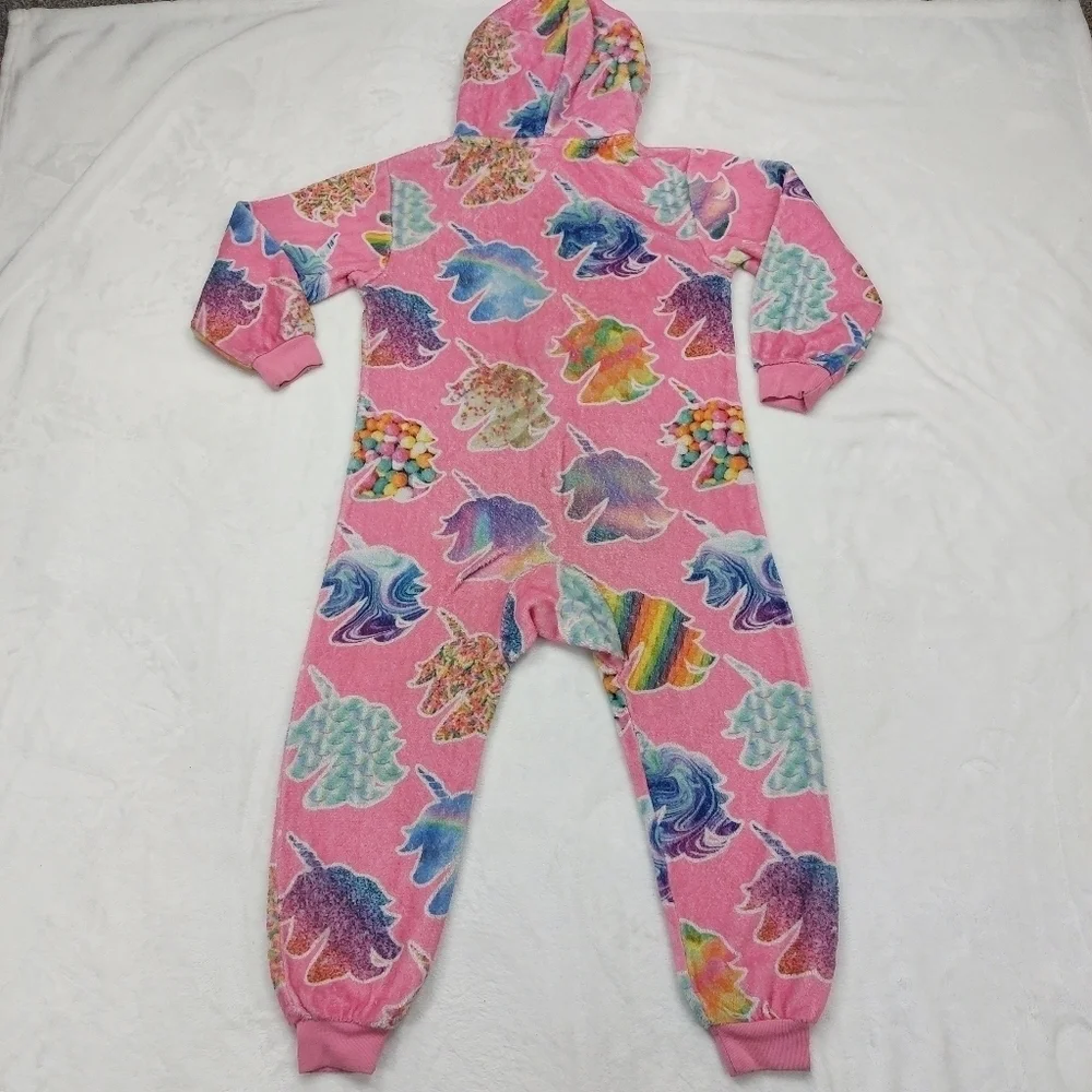 THE CHILDREN'S PLACE GIRLS PINK UNICORN FLUFFY 1 PIECE ZIP UP HOODED PJS SIZE S